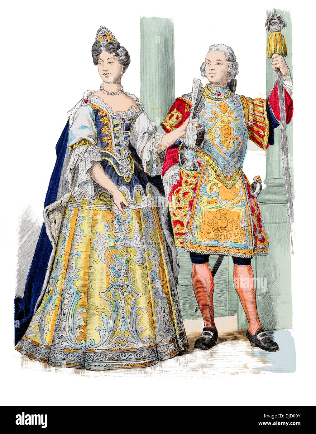 Early 18th century XVIII 1700s France, Francoise Duchess of Orleans and Palace guard under Louis XV Stock Photo