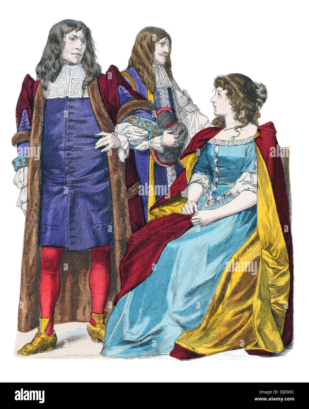 17th century XVII English Nobility (L to R) Bethel Slingsby Sheriff of London, Cavalier of Charles II and Duchess of Cleveland Stock Photo
