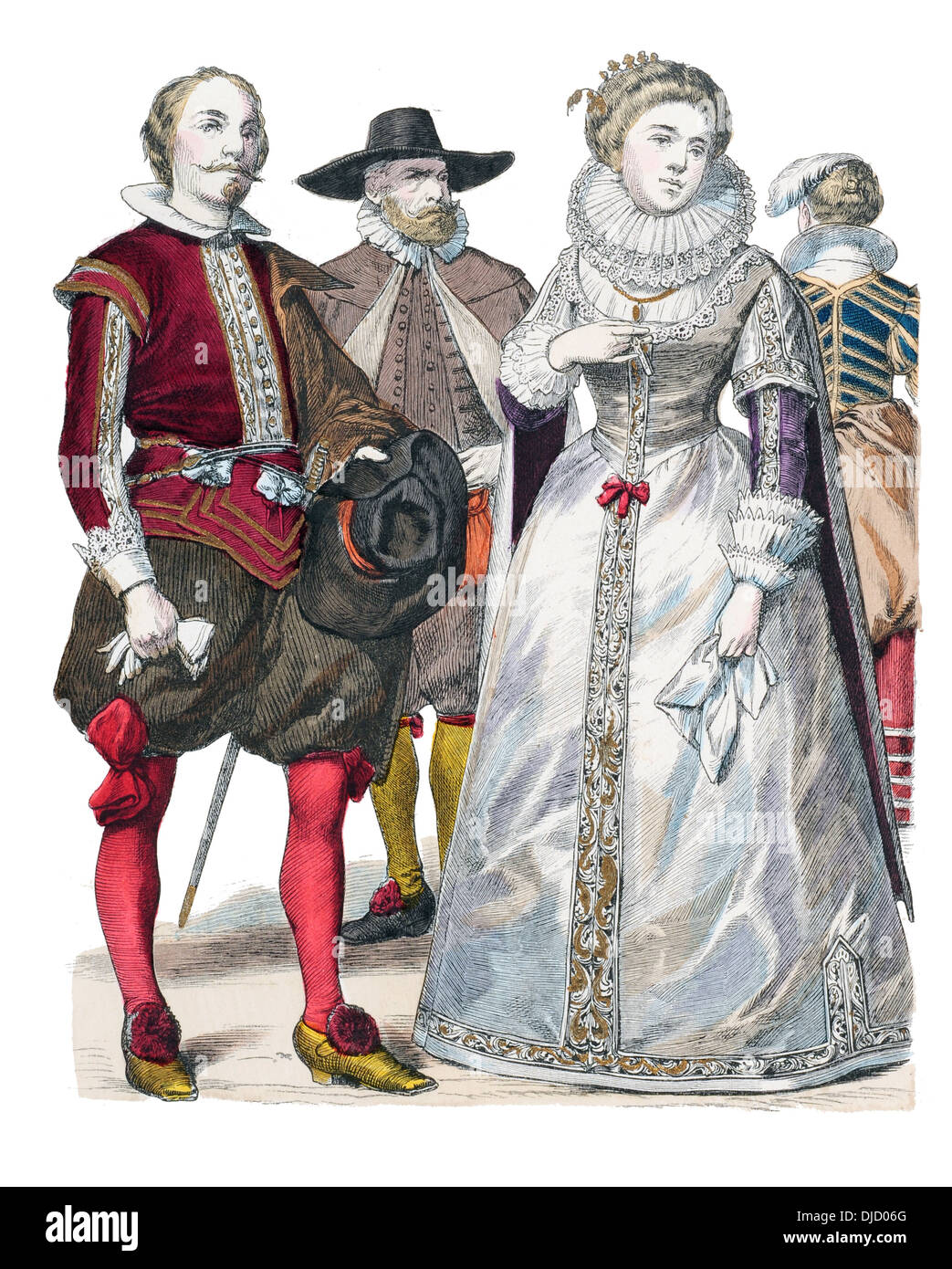 17th century XVII English Nobility (L to R) Marquis of Hamilton, Citizen, Duchess of Richmond, wife of citizen Stock Photo