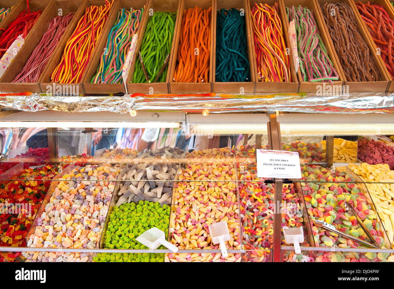 Assorted sweets at a fairground stall in Bristol, England. Stock Photo