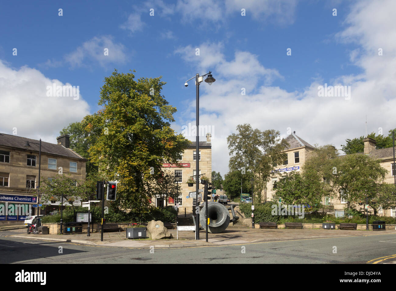 Shops and businesses on Market Place, Ramsbottom, Lancashire looking