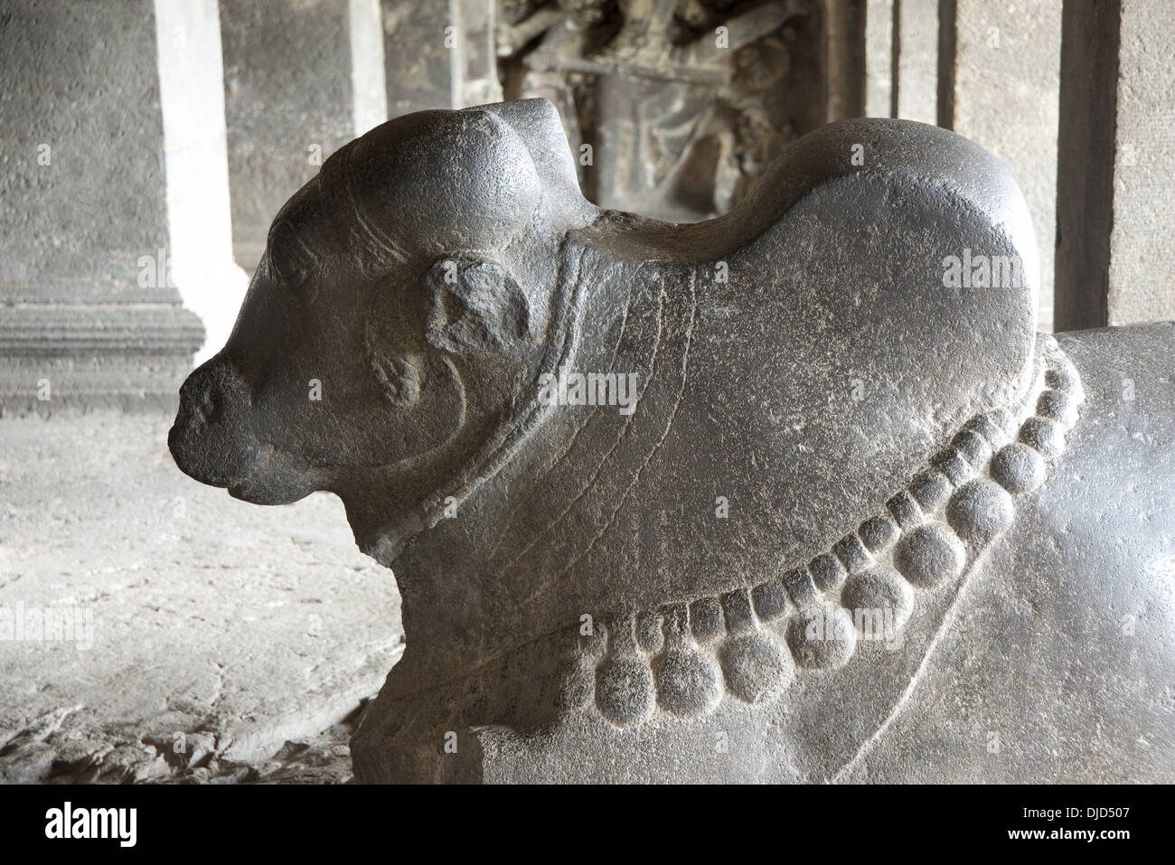 Cave 15, Dashavatara. Image of Nandi lying in the hall of the first storey. Ellora Caves, Aurangabad, Maharashtra India Stock Photo