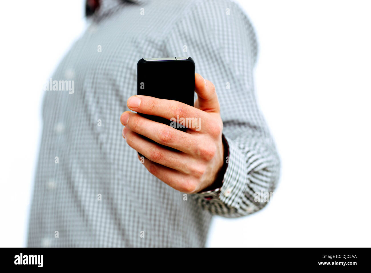 Closeup image of a male hand holding smartphone isolated on a white ...