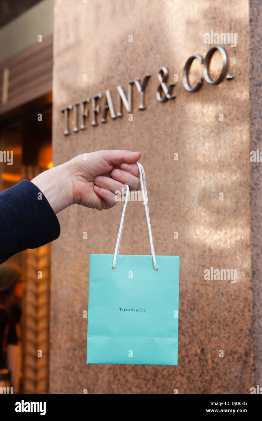 Tiffany & Co. jewellery bag outside the store on Fifth Avenue, New
