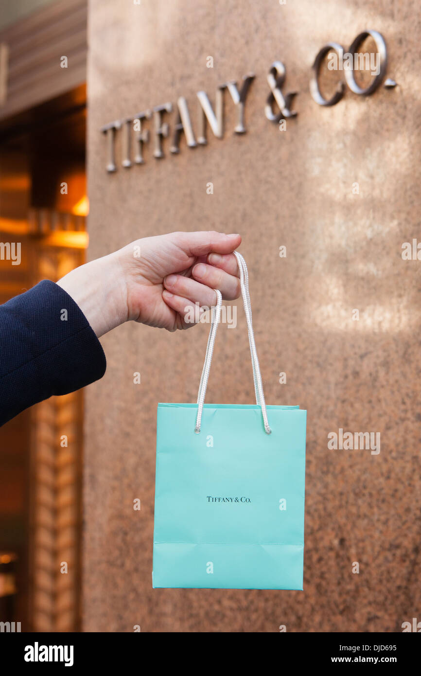 Tiffany & Co. jewelry bag outside the store on Fifth Avenue, New York City,  United States of America Stock Photo - Alamy