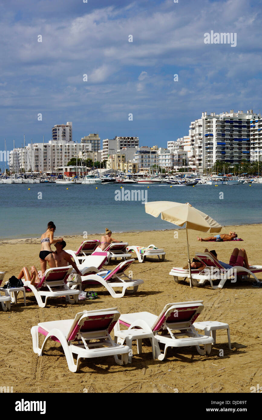 beach scene at sant antoni de portmany, ibiza, spain Stock Photo