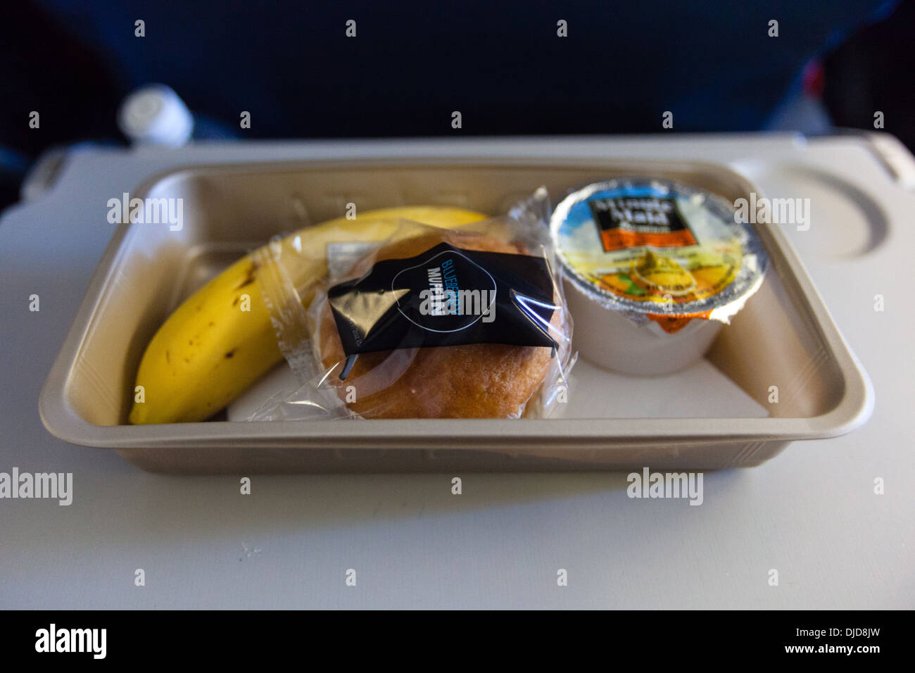 Delta Airlines breakfast meal between New York JFK airport and London Heathrow. Stock Photo