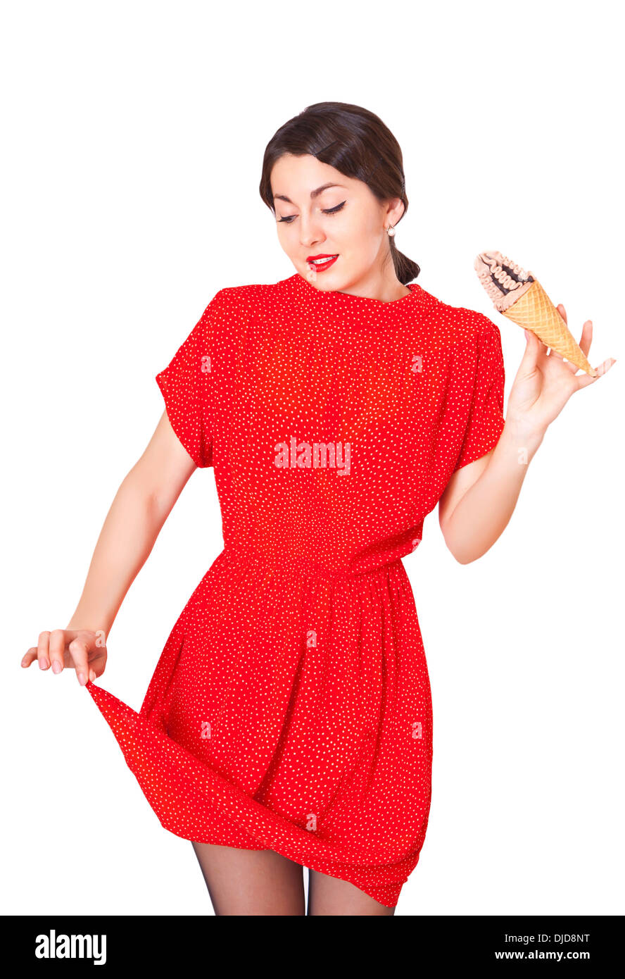 lovely woman in red dress with percent sign Stock Photo - Alamy