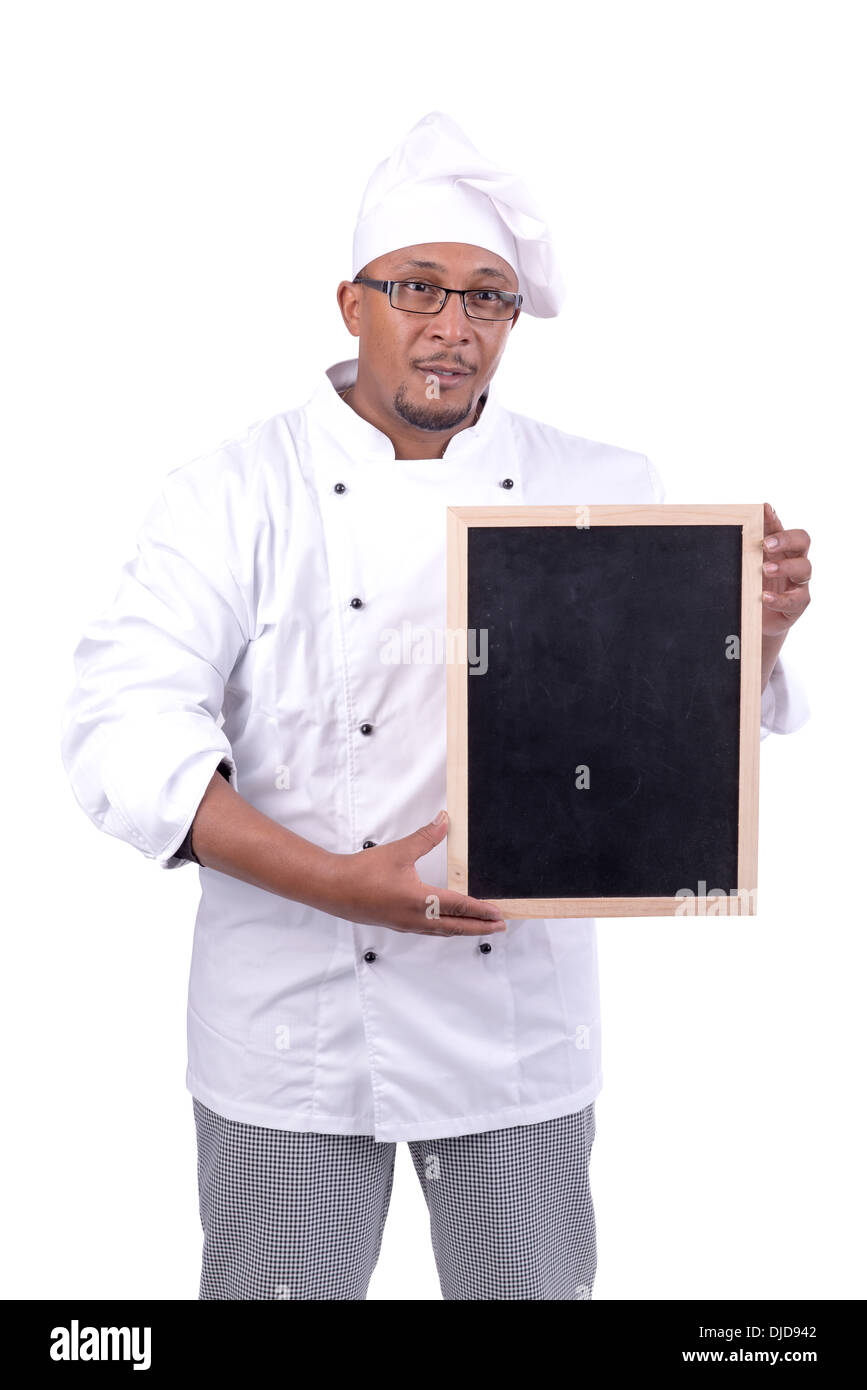 Male chef with black menu board isolated on white background Stock