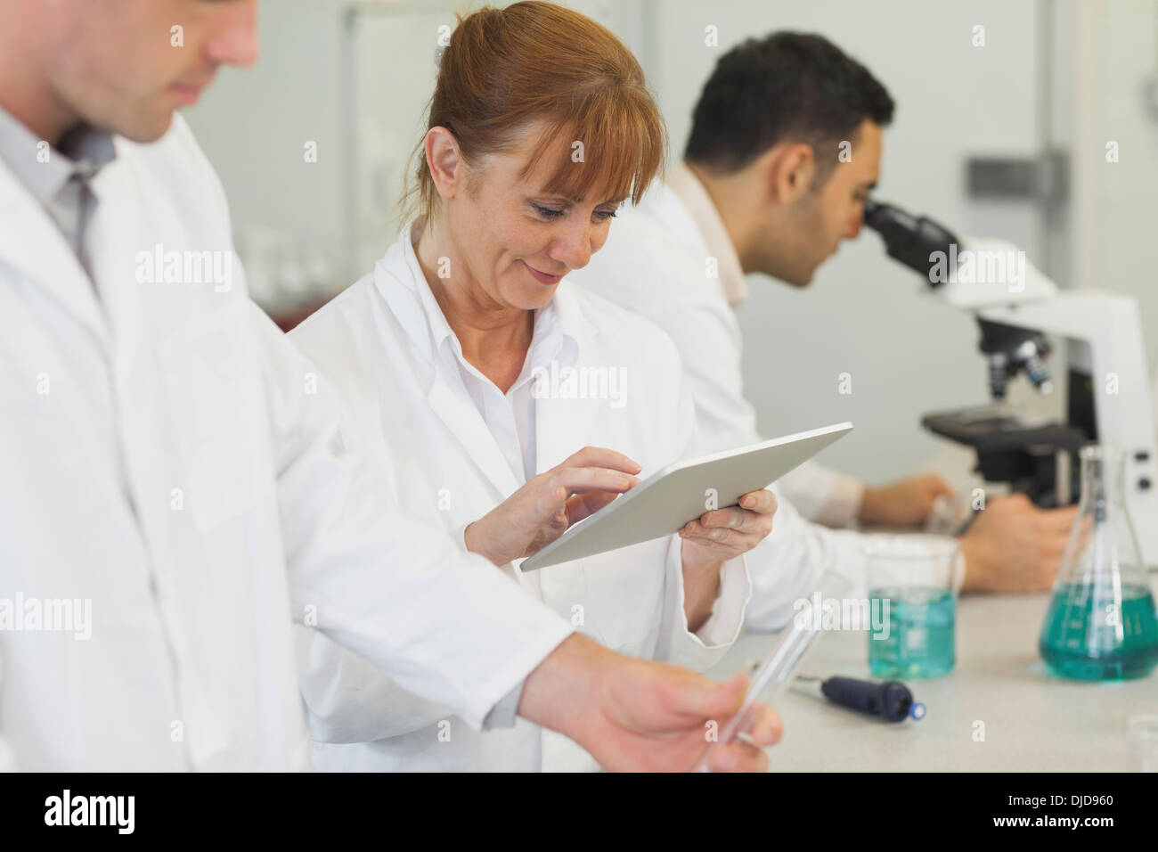 Amused mature scientist working with her tablet Stock Photo