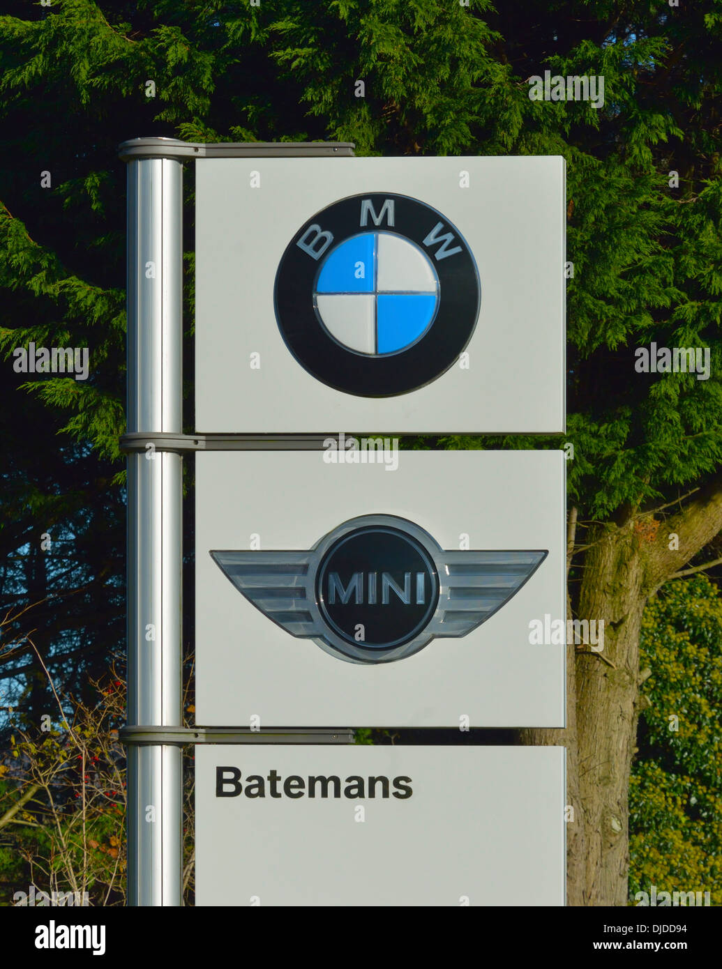 BMW and MINI cars logo. Batemans. Kendal Road, Lindale, Lake District National Park, Cumbria, England, United Kingdom, Europe. Stock Photo