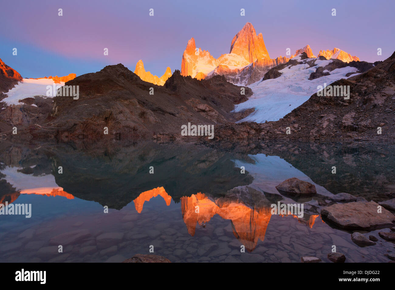 Sunrise on Fitz Roy Massif and its reflection in Lago de los Tres in the foreground.Pategonia.Argentina Stock Photo
