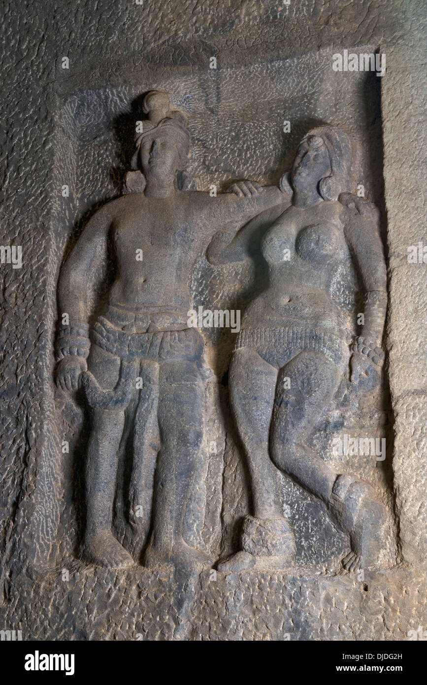 Mithuna couple. Right of verandah of outer wall. Circa 2nd. Century CE. Karla Caves, Pune, Maharashtra India. Stock Photo