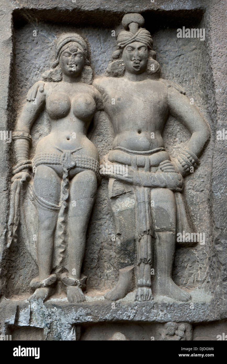 Mithuna couple. Right of verandah of outer wall. Circa 2nd. Century CE. Karla Caves, Pune, Maharashtra India. Stock Photo