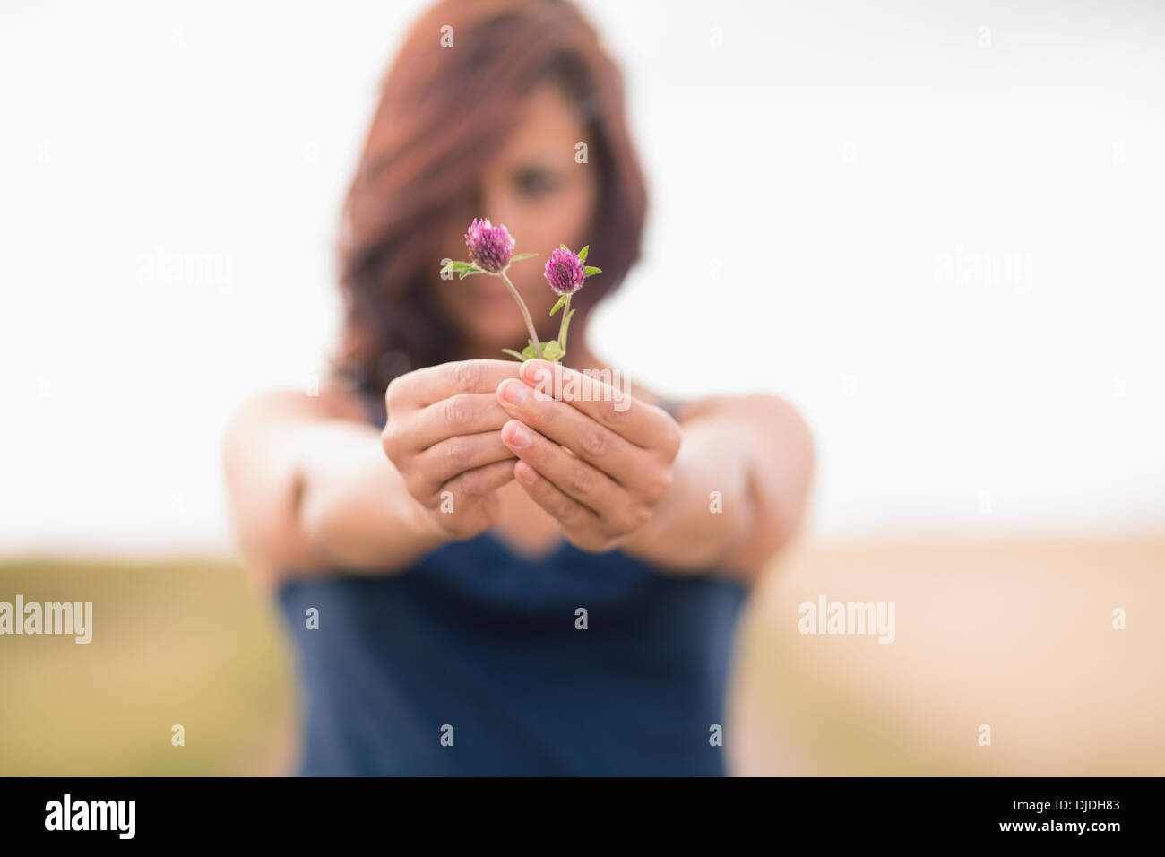 Blurred woman holding out wild flowers against clear sky Stock Photo