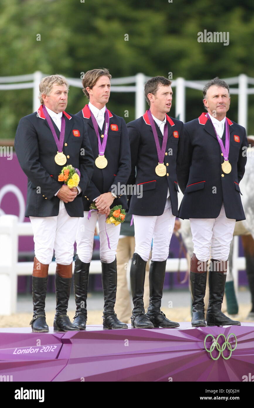 Gold medalists Nick Skelton, Ben Maher, Scott Brash and Peter Charles of Great Britain celebrate on the podium during the medal ceremony for the Team Jumping 2012 London Olympics- Equestrian Jumping Competition held at Greenwich Park  London, England - 06.08.12 **Not Available for Publication in Germany.  Available for Publication in the Rest of the World** Credit (Mandatory): ATP/ Stock Photo