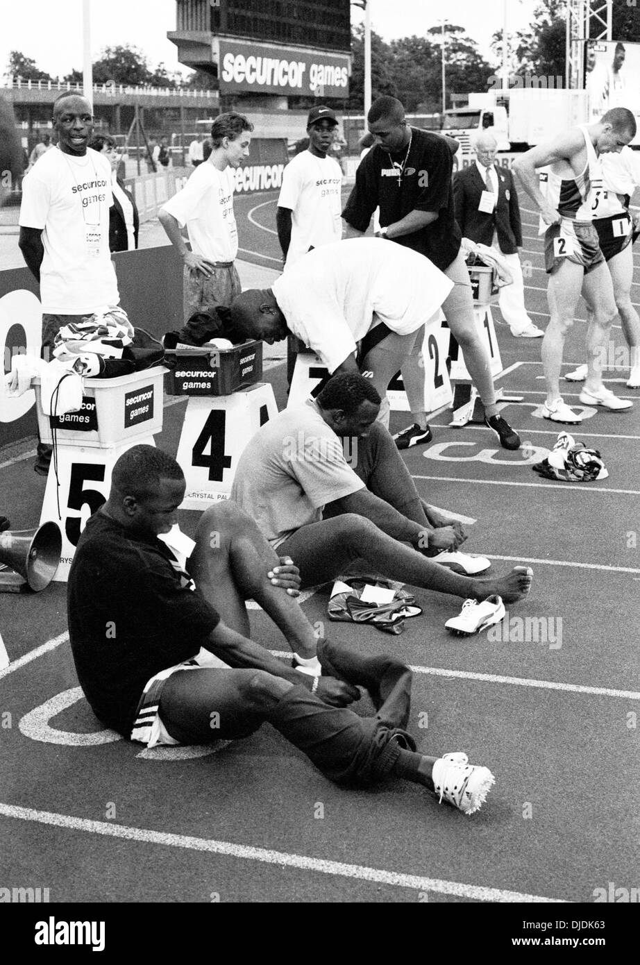 British 100m sprinter Linford Christie competing at the Securicor Games at Crystal Palace, London in 1996 Stock Photo