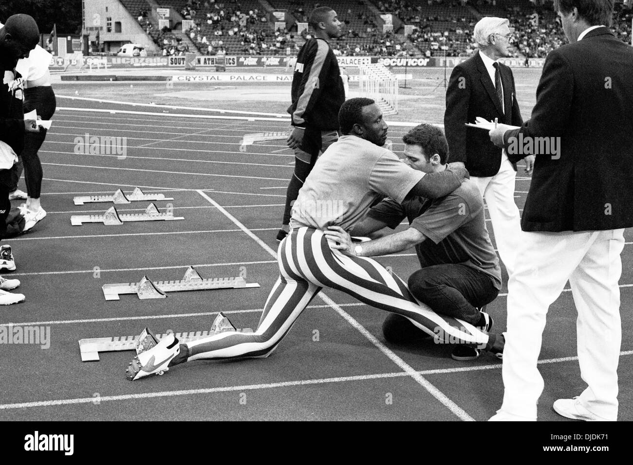British 100m sprinter Linford Christie competing at the Securicor Games at Crystal Palace, London in 1996 Stock Photo