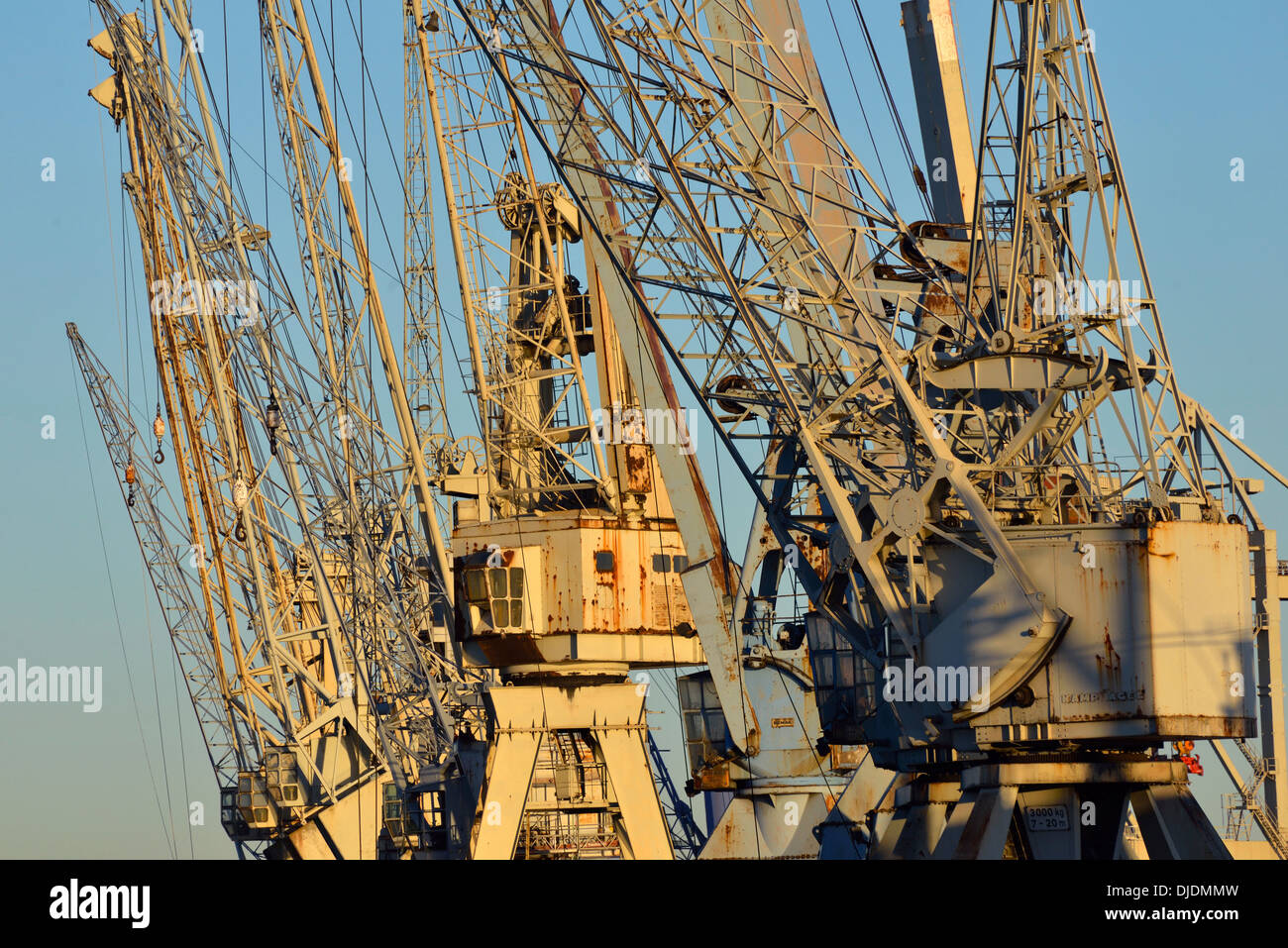 Harbor cranes for cargo handling in the harbour museum, Hamburg, Germany Stock Photo