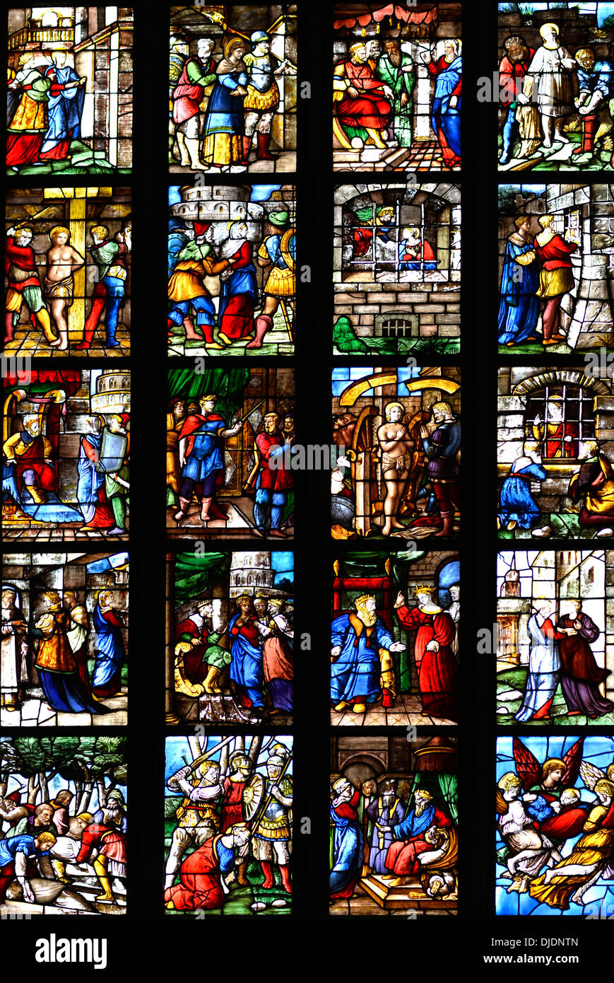 Colourful stained glass window, detail of the only remaining original glass window, Milan Cathedral, interior, Milan, Lombardy Stock Photo