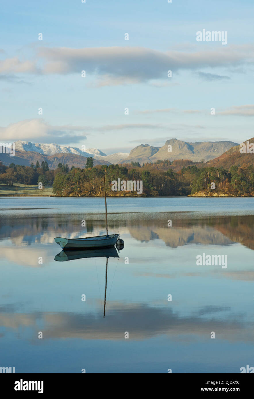 Sailing dinghy moored near Waterhead, Lake Windermere, Lake District National Park, Cumbria, England UK Stock Photo