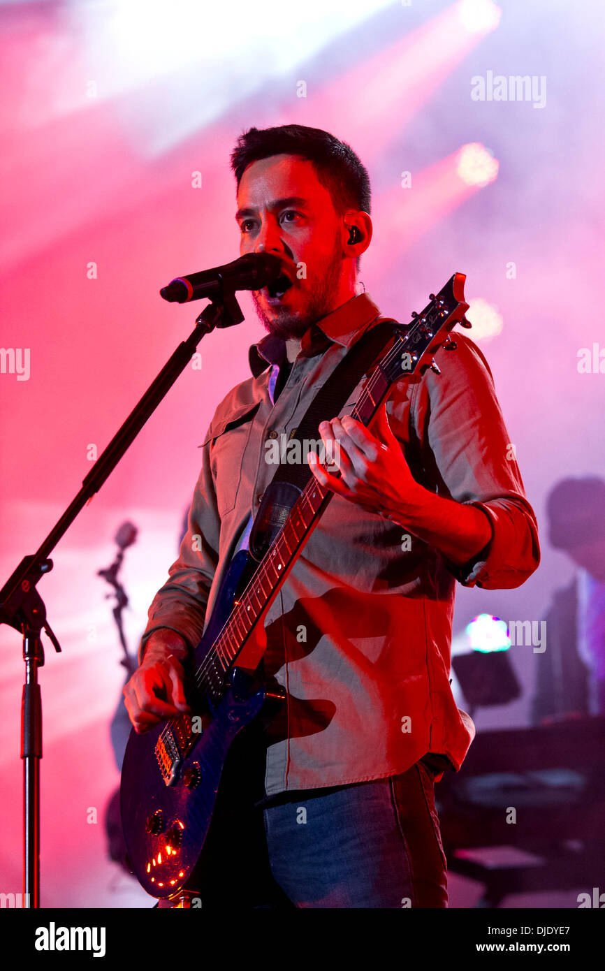 Mike Shinoda of Linkin Park performing live on stage at the Pepsi Arena ...