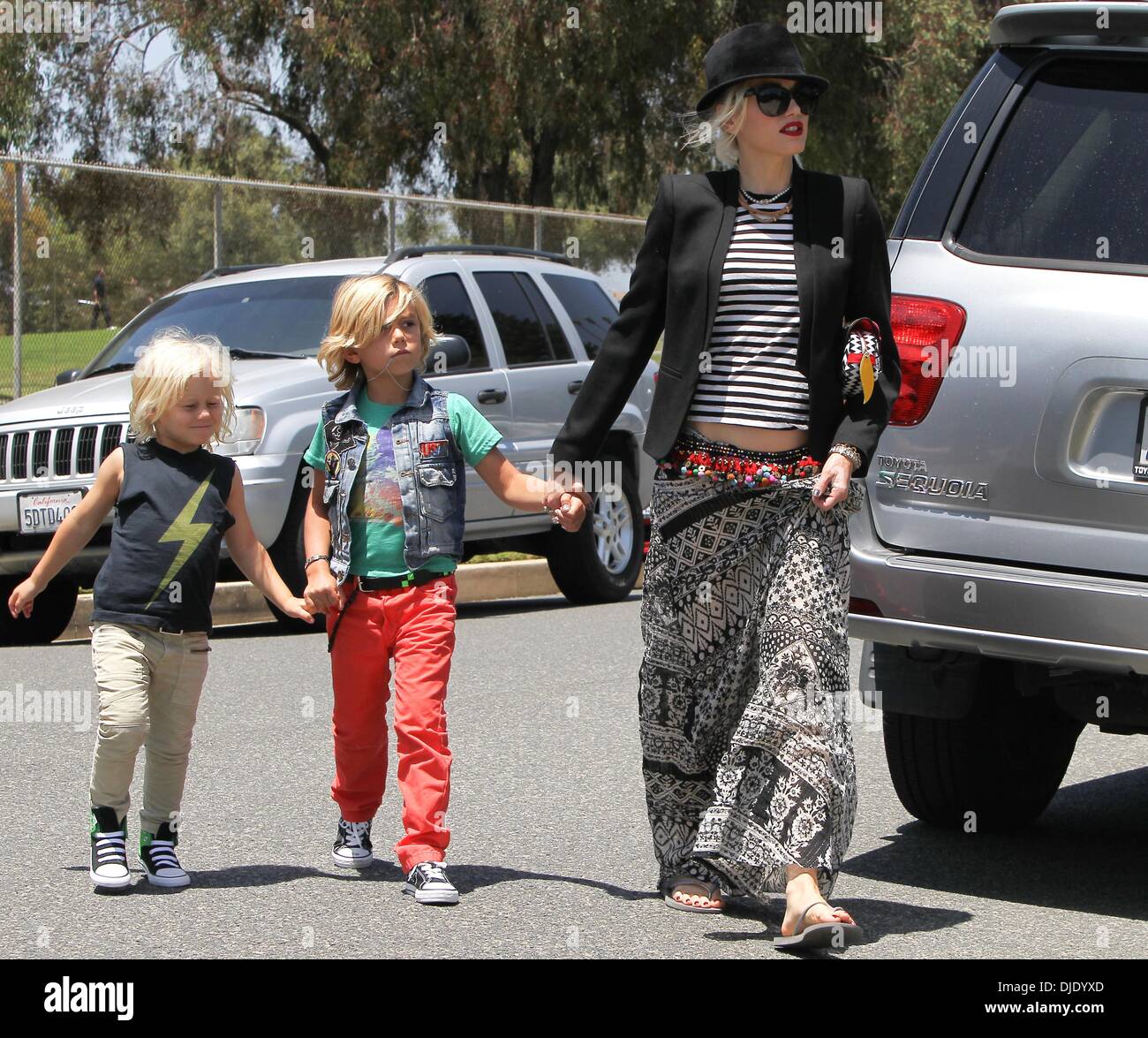 Gwen Stefani takes her sons Kingston and Zuma Rossdale to a kids party in Long Beach. As usual, the adorable looking brothers are dressed in their trademark punk rock attire Long Beach, California - 10.06.12 Stock Photo