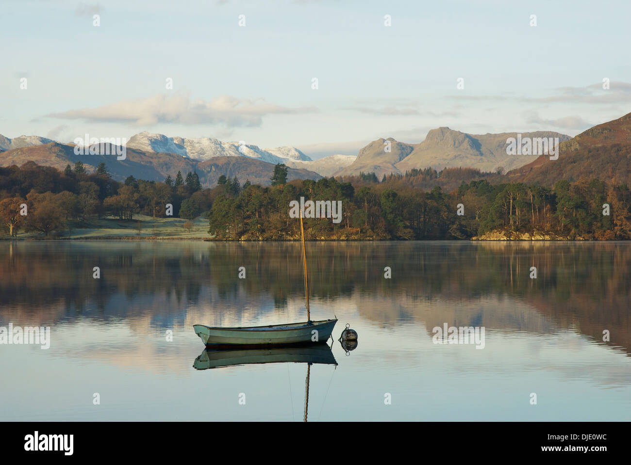 Sailing dinghy moored near Waterhead, Lake Windermere, Lake District