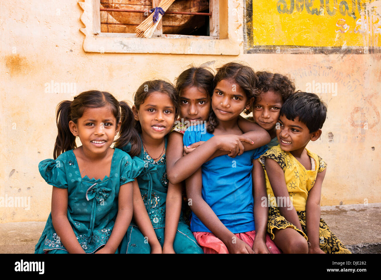 Six Rural Indian village girls . Andhra Pradesh, India Stock Photo