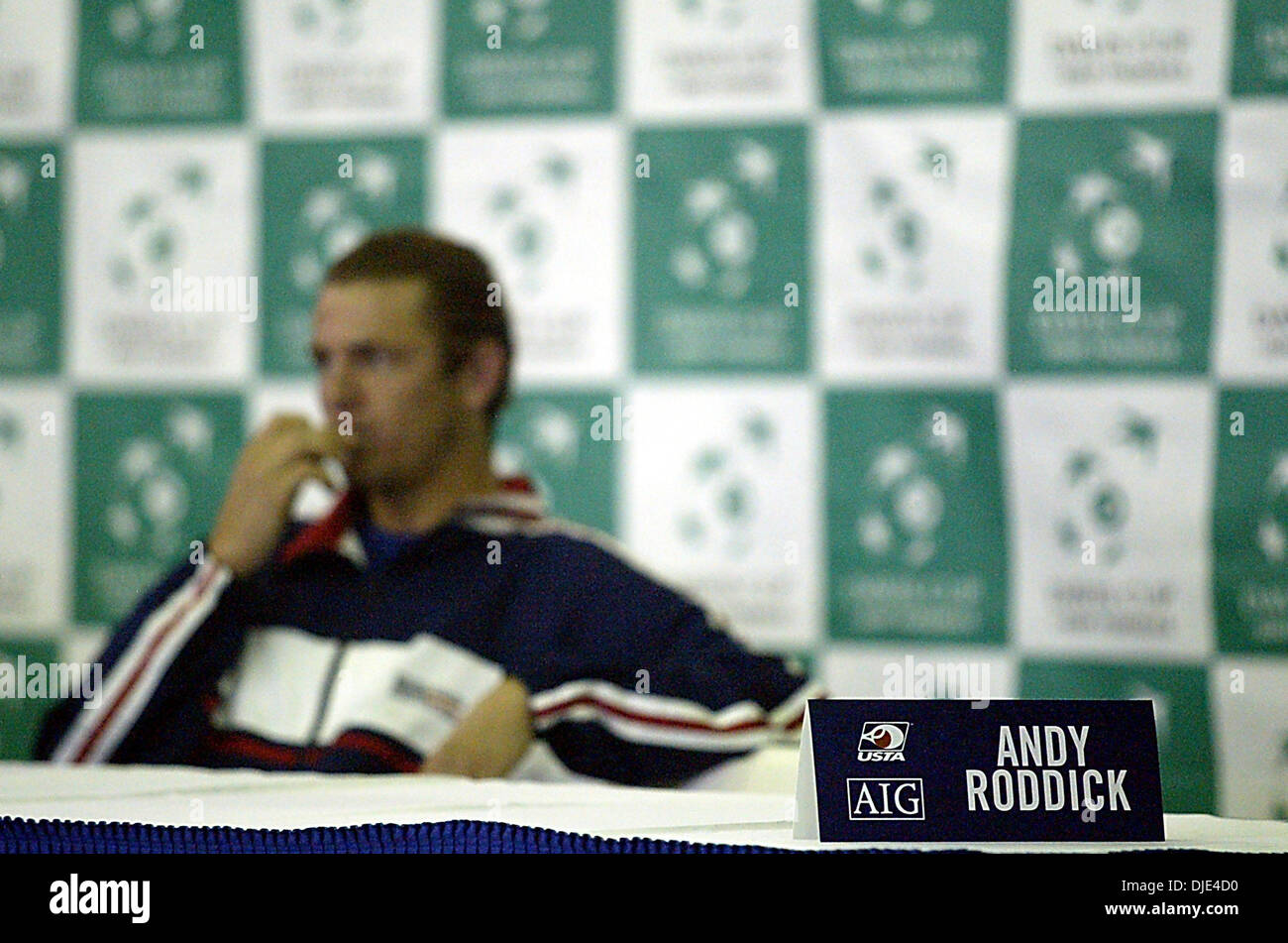 Apr 05, 2004; Delray Beach, FL, USA; Andy Roddick's name plate sits on the table away from the rest of the US Davis Cup team during a press conference at the Delray Beach Stadium and Tennis Center Monday, April 5, 2004, as headway picks up towards the big match against Sweden this weekend. Roddick was given the day off by team captain Patrick McEnroe after Roddick's win in the Nasd Stock Photo