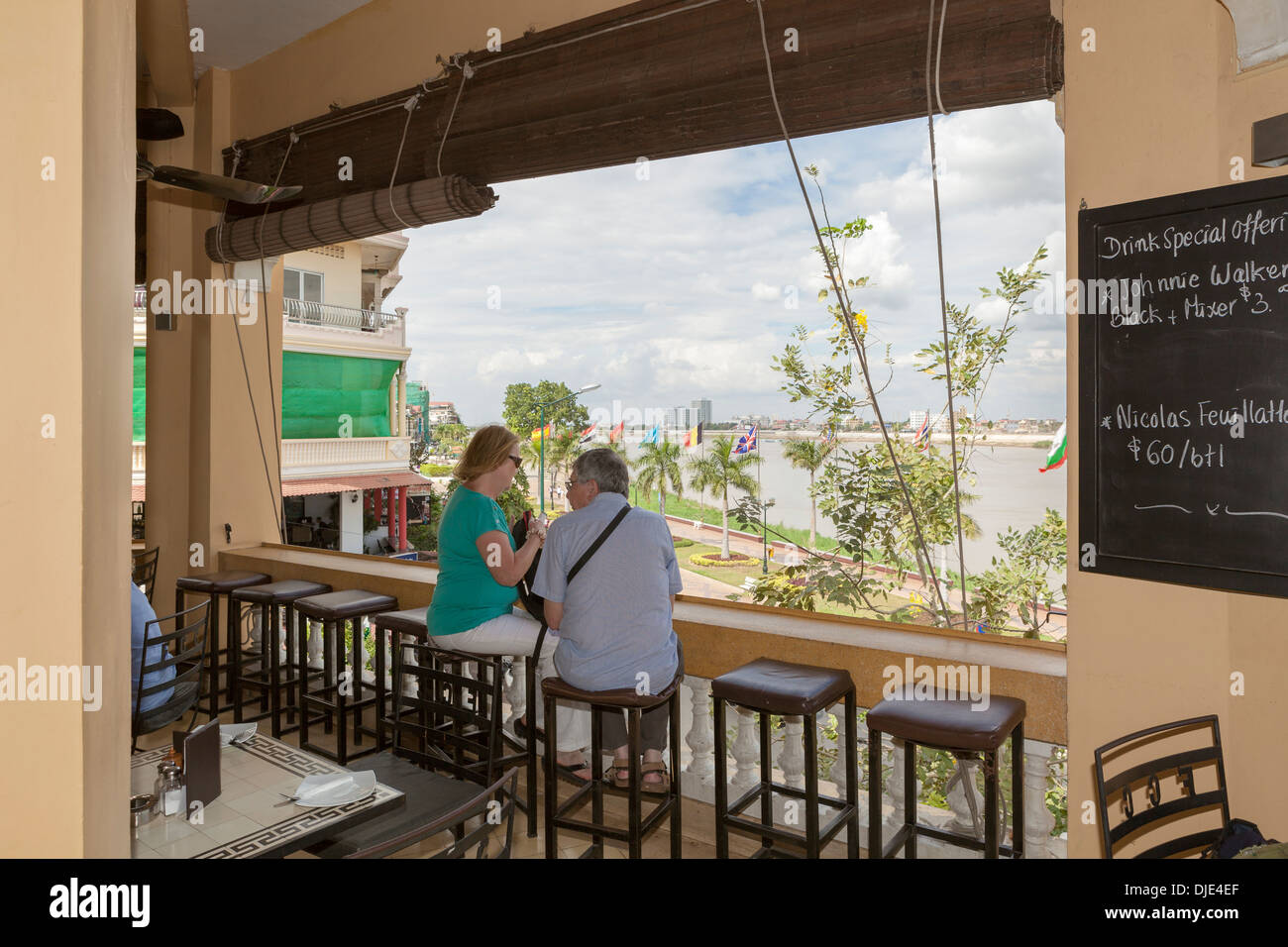 Waterfront view from the FCC, Foreign Correspondent Club, Phnom Penh, Cambodia Stock Photo