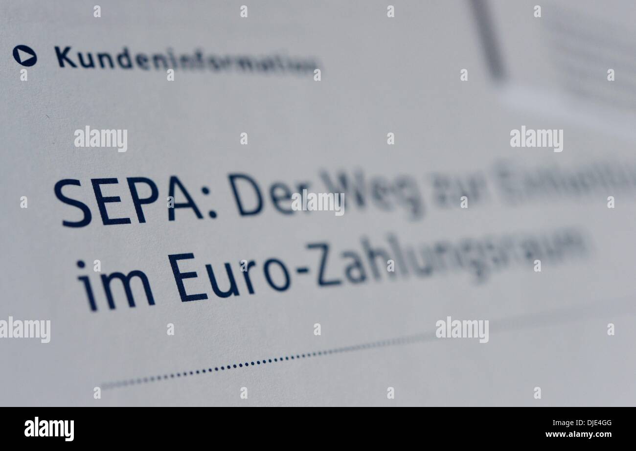 Osterode, Germany. 27th Nov, 2013. Illustration for Single Euro Payments Area (SEPA), which is a payment-integration initiative of the European Union for simplification of bank transfers denominated in euro, pictured in Osterode, Germany, 27 November 2013. Starting on 01 February 2014, the national account numbers are replaced by the IBAN number for national and international bank transfers as well as for direct debit. Photo: Frank May/dpa/Alamy Live News Stock Photo