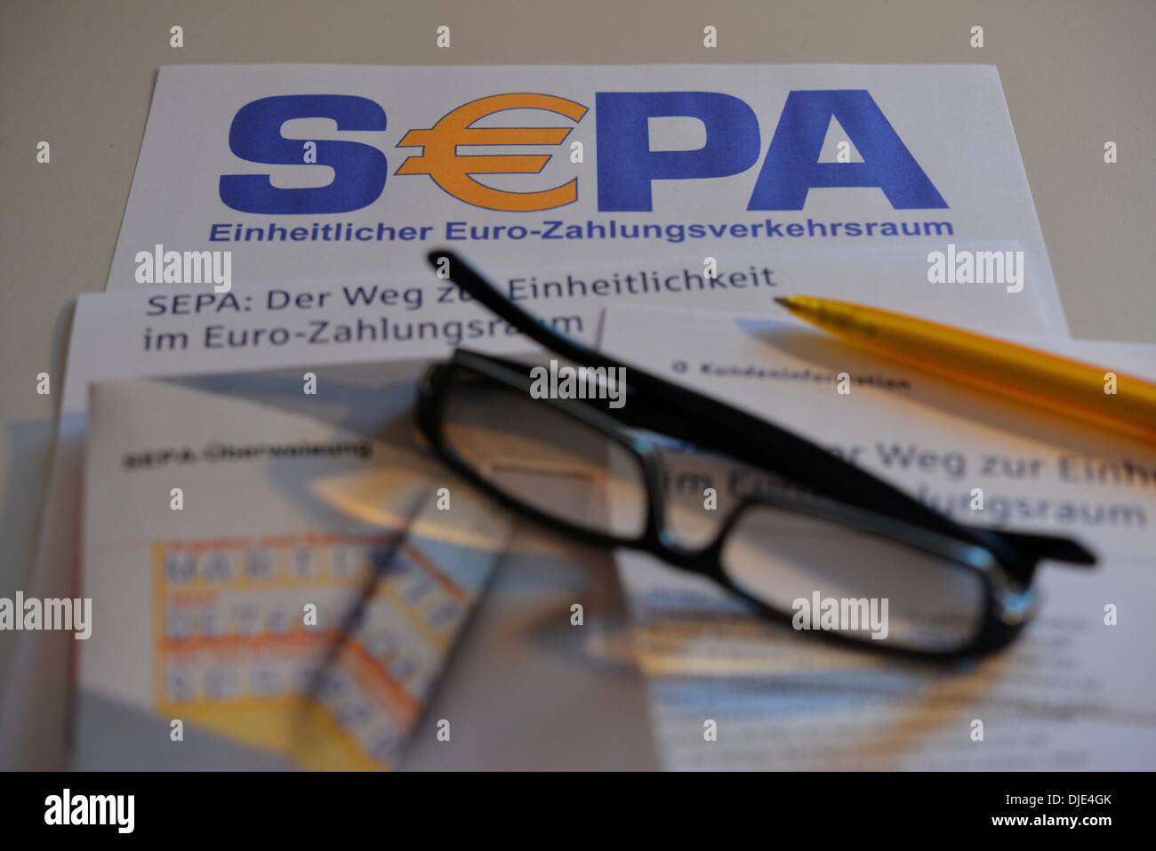 Osterode, Germany. 27th Nov, 2013. Illustration for Single Euro Payments Area (SEPA), which is a payment-integration initiative of the European Union for simplification of bank transfers denominated in euro, pictured in Osterode, Germany, 27 November 2013. Starting on 01 February 2014, the national account numbers are replaced by the IBAN number for national and international bank transfers as well as for direct debit. Photo: Frank May/dpa/Alamy Live News Stock Photo