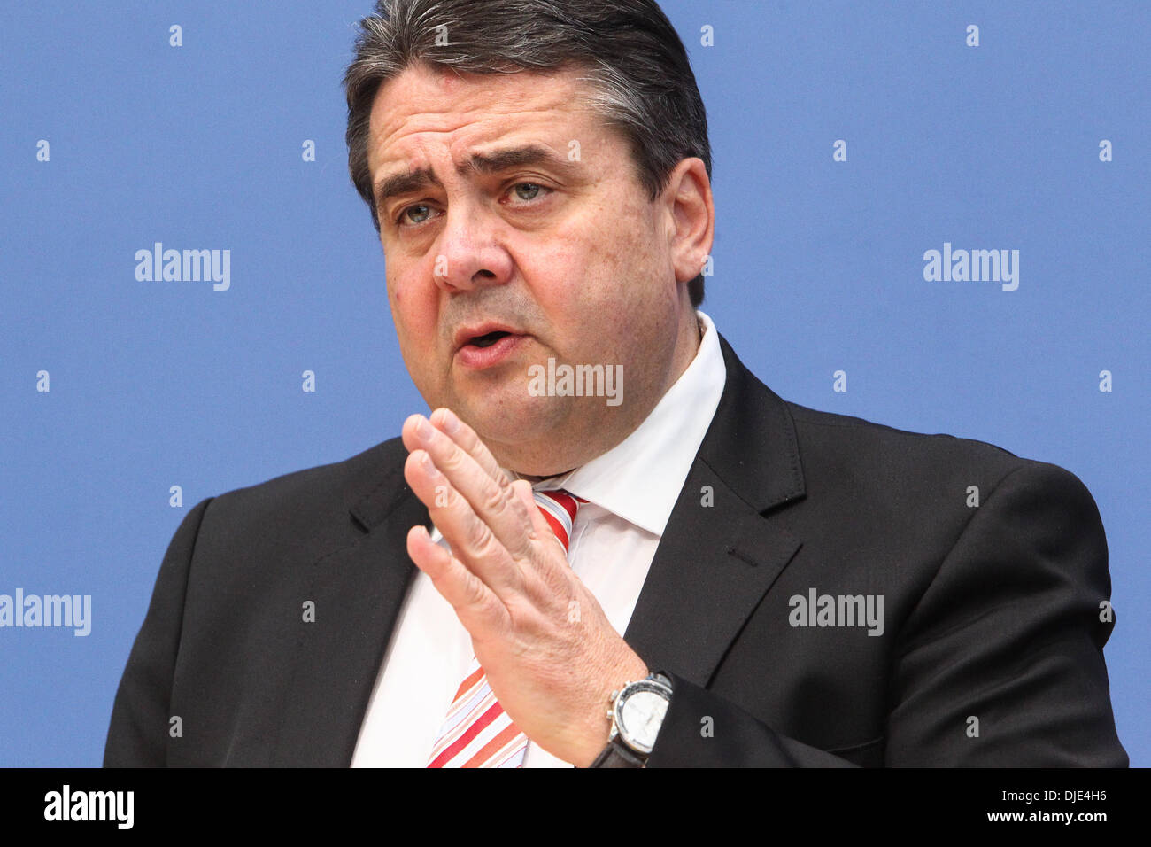 Berlin, Germany. 27th Nov, 2013. Sigmar Gabriel, Chairman of the Social Democratic Party (SPD) attends a press conference in Berlin, Germany, on Nov. 27, 2013. Leaders from Germany's main parties signed provisionally a coalition agreement on Wednesday, paving the road for forming a new government two months after a federal election. Credit: Zhang Fan/Xinhua/Alamy Live News Stock Photo