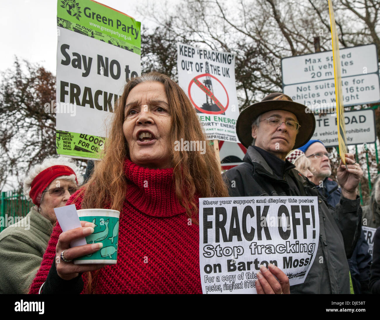 Barton Moss, Eccles, Manchester, UK. 27th  November, 2013.  Frances Leader from Frack Free Dorset, and others at IGas Energy Drill site & eco-protection protest camp site at Barton Moss in Salford, Manchester. Fracking focus is shifting to North West where IGas Energy plans to start drilling soon to explore for methane. A number of Anti-fracking anti-shale gas group protesting at the arrival of drilling equipment on gas-drilling site in Salford. IGas has permission from Salford and Trafford council for exploratory drilling for coal-bed methane. Credit:  Mar Photographics/Alamy Live News Stock Photo