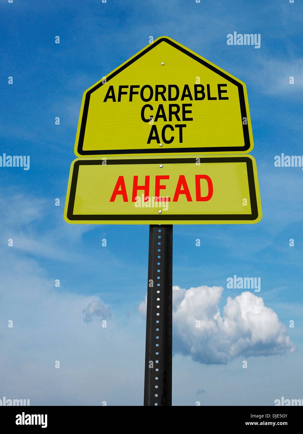 conceptual sign with words affordable care act ahead over blue sky Stock Photo