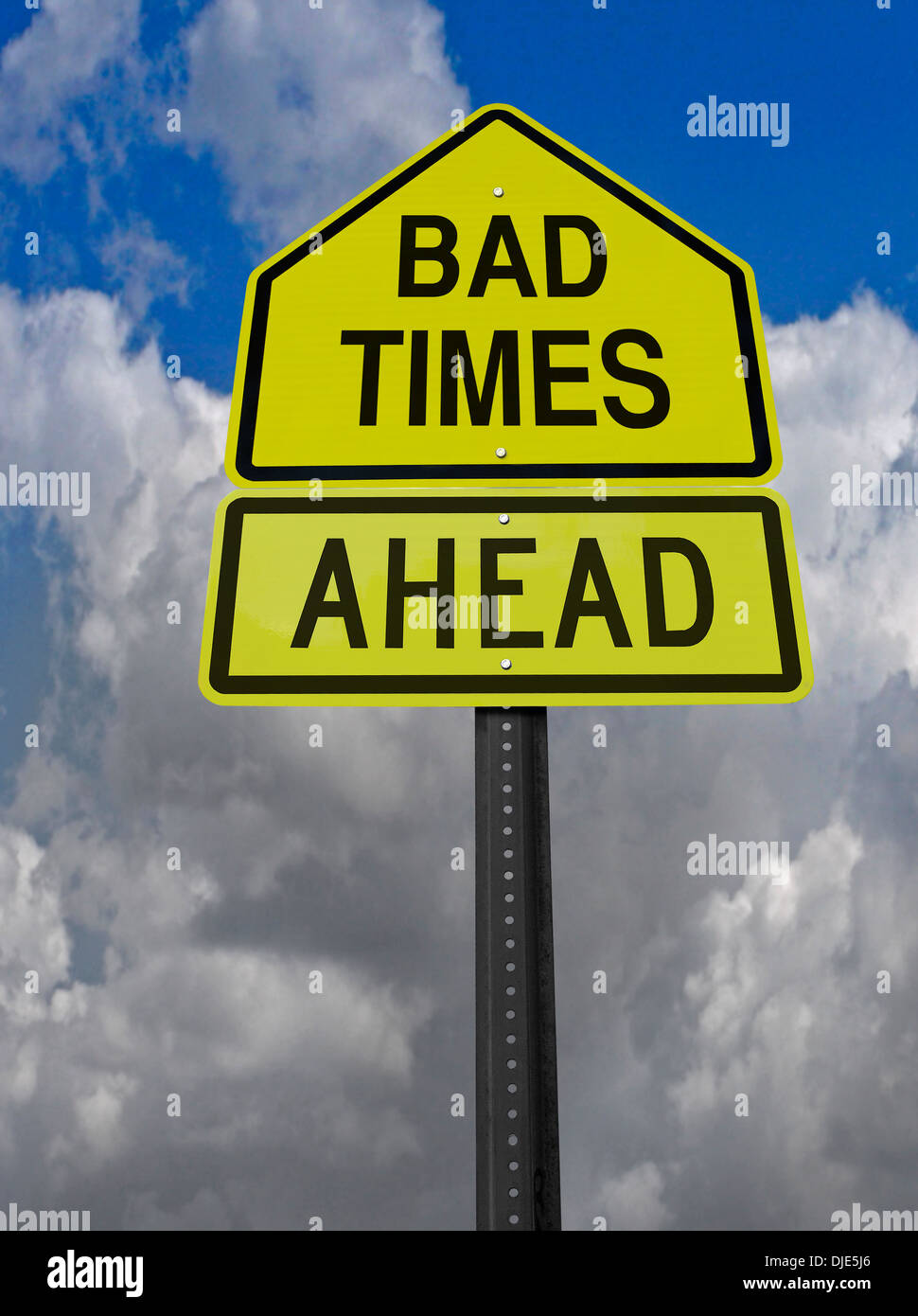 conceptual sign with words bad times ahead warning over blue sky Stock Photo