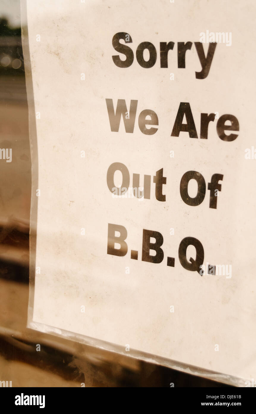 Door sign alerting costumers restaurant has ran out of BBQ. Texas Hill Country. Stock Photo