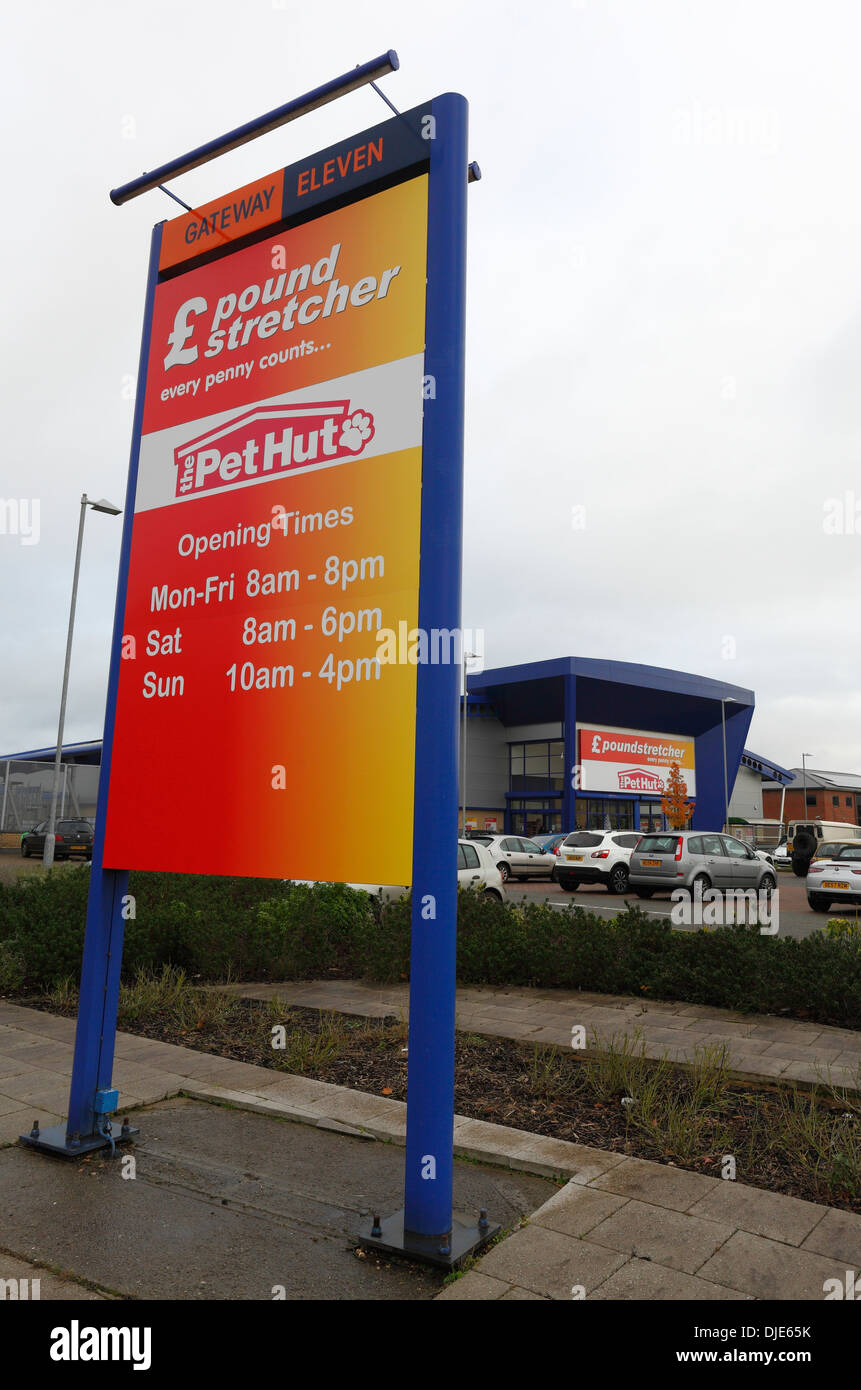 Sign for Pound Stretcher and the Pet Hut store front at Wymondham, Norfolk. Stock Photo