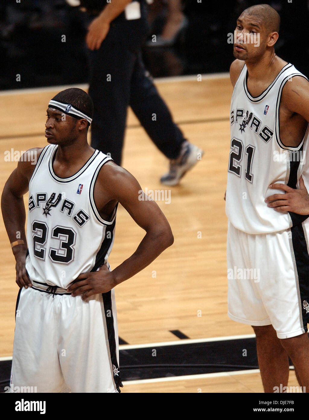 May 13, 2004; San Antonio, TX, USA; Spurs DEVIN BROWN and TIM DUNCAN wait  for the ruling on the final shot during fourth quarter of the Spurs against  the Los Angeles Lakers