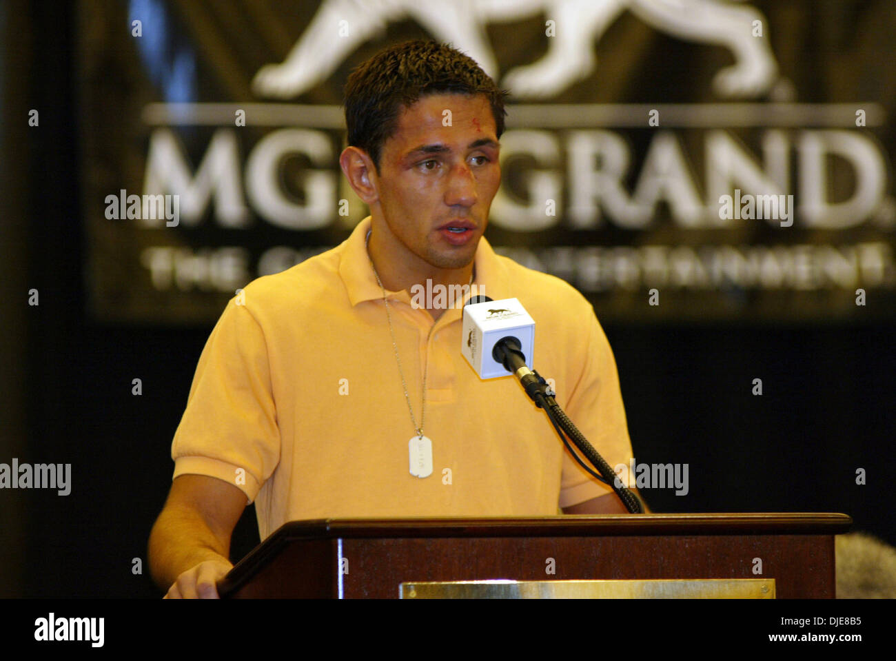 Jun 04, 2004; Las Vegas, NV, USA; FELIX STURM talks at the post fight press conference at the MGM hotel and casino. Sturm nearly upset De La Hoya's planned megafight with Bernard Hopkins, giving De La Hoya all he could handle for 12 rounds Saturday night before coming out on the losing end of a narrow but unanimous decision. De La Hoya had to fight furiously in the last two rounds  Stock Photo