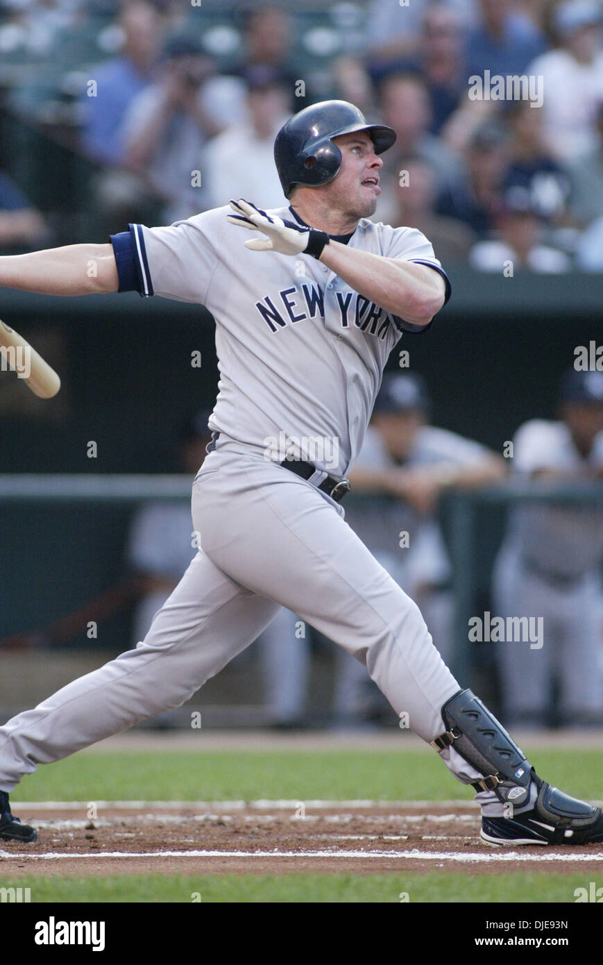 Jun 22, 2004; Baltimore, MD, USA; Yankees' JASON GIAMBI watches a fly ball  out in the 1st inning during the New York Yankees v. Baltimore Orioles  baseball game, Tuesday June 22, 2004