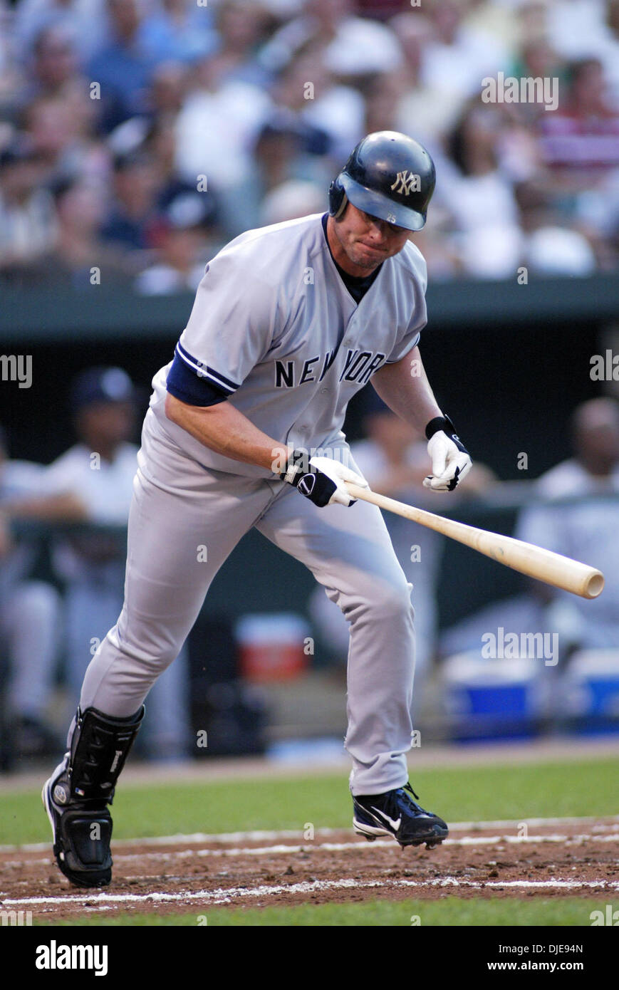 Jun 22, 2004; Baltimore, MD, USA; Yankees' JASON GIAMBI reacts to flying  out in the 2nd inning during the New York Yankees v. Baltimore Orioles  baseball game, Tuesday June 22, 2004 at