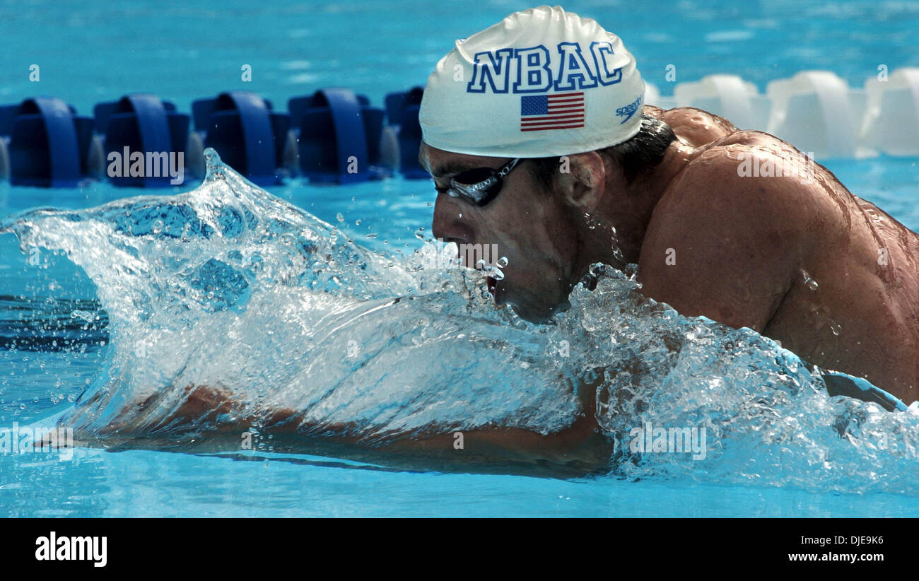 Michael Phelps began his quest for Olympic glory swimming his first event, the 400 IM preliminary  July 7, 2004 at the Olympic Swim Trials in Long Beach, Calif.  (Contra Costa Times/Karl Mondon /)/ZUMA Press Stock Photo