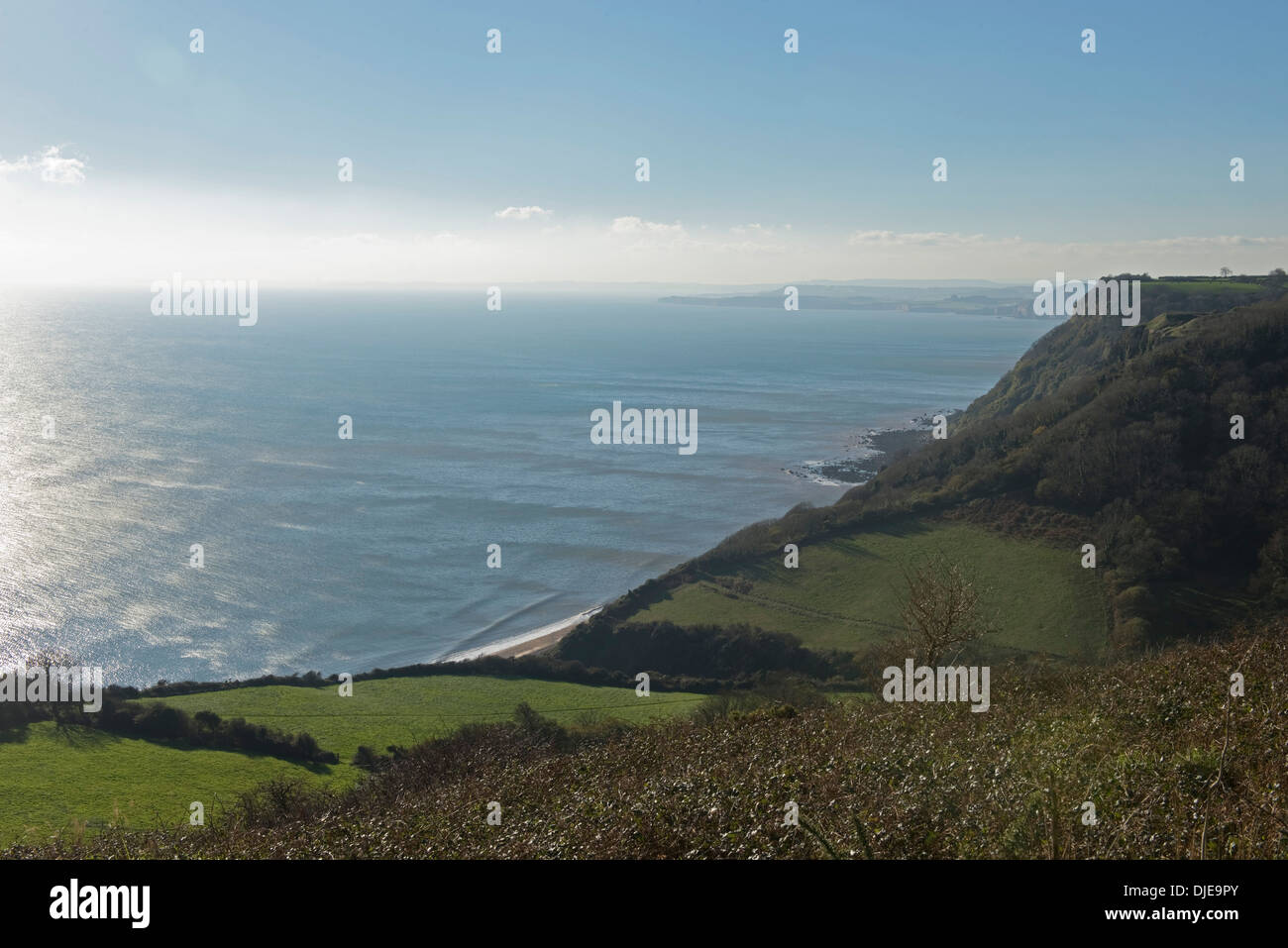 Lyme bay with a winter sun viewed from the cliffs at Weston Mouth east of Sidmouth in Devon Stock Photo