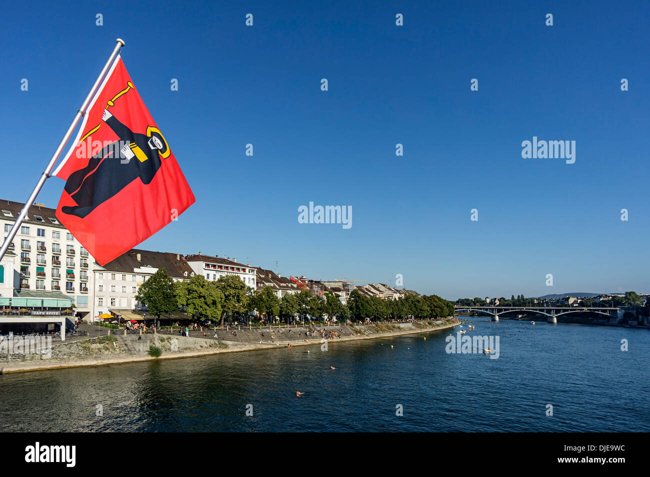 Canton Glarus flag, Rhine River, Middle Bridge, Basel, Switzerland Stock Photo