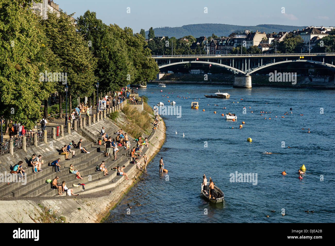 Rhine River in Summer, Basel, Switzerland Stock Photo