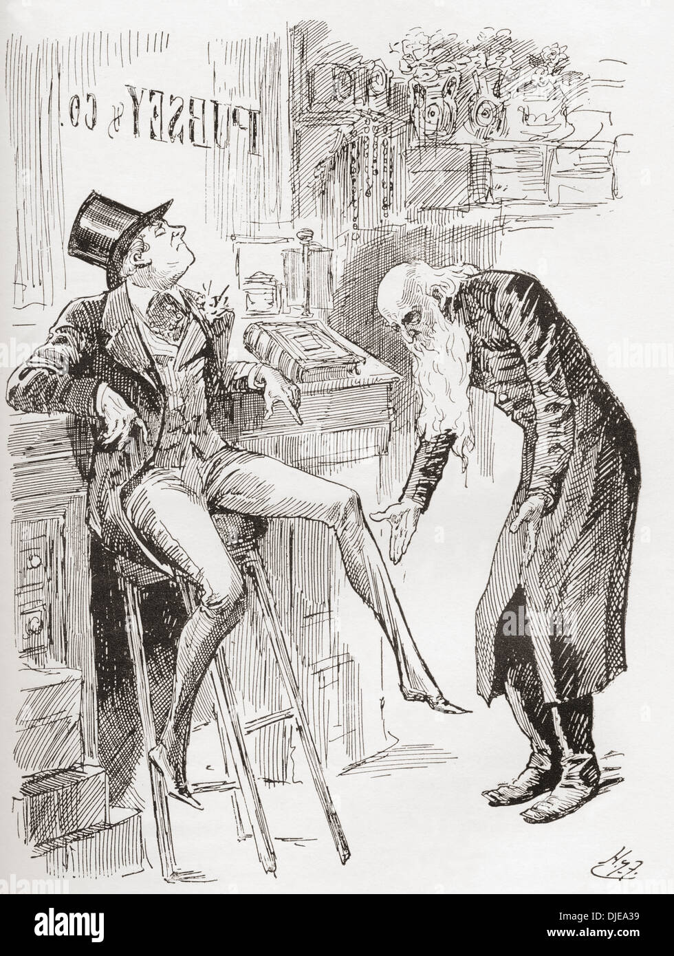 Fledgeby and Mr. Riah in the Counting House.  Illustration by Harry Furniss for the Charles Dickens novel Our Mutual Friend. Stock Photo