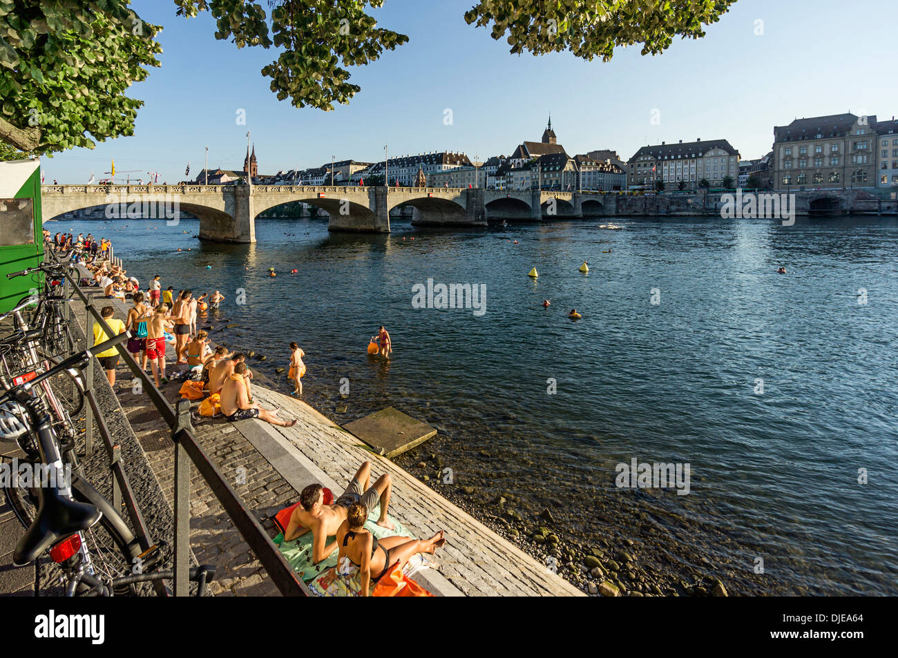 Rhine River in Summer, Middle Bridge, Basel, Switzerland Stock Photo