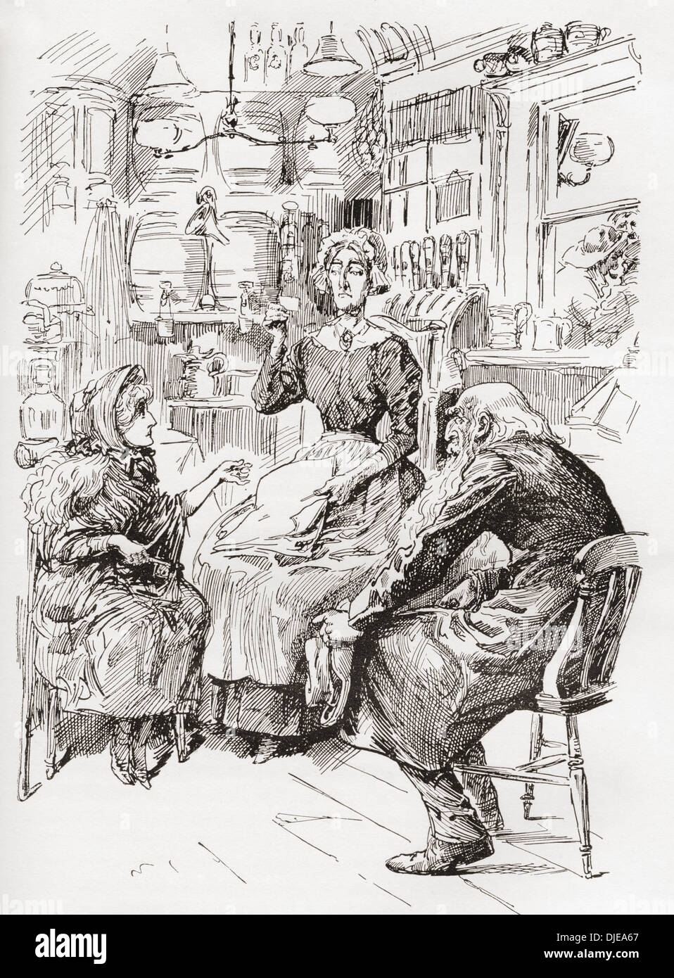Mr. Riah & Miss Wren at the Six Jolly Fellowship Porters. Illustration by Harry Furniss for the Dickens novel Our Mutual Friend Stock Photo
